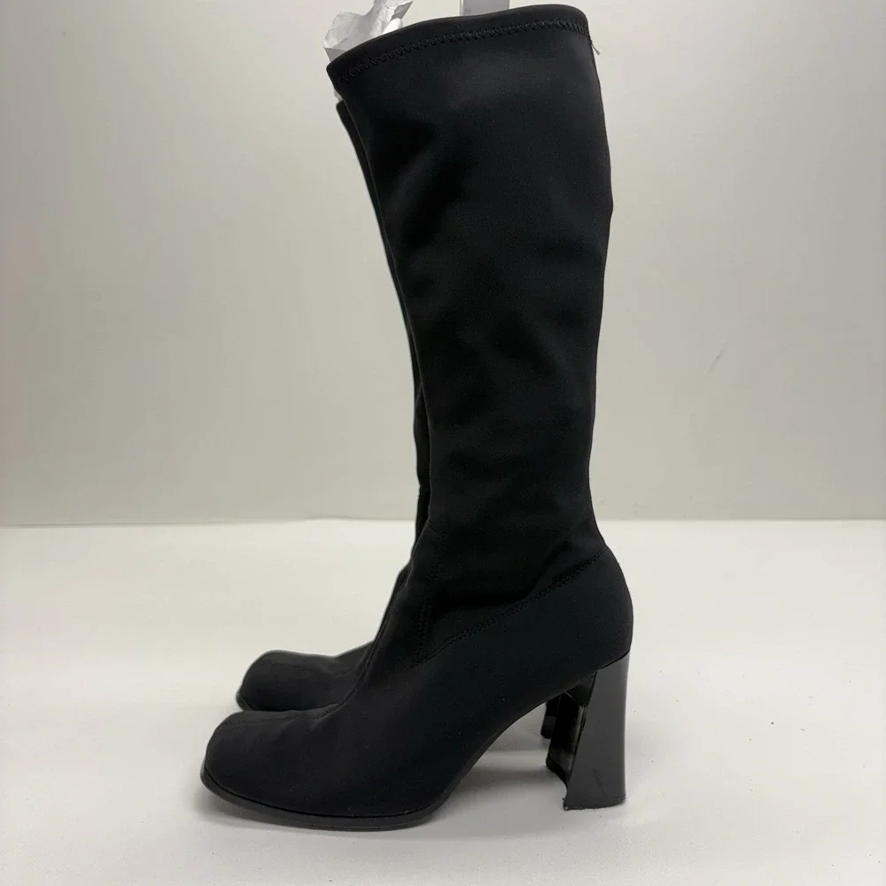 Wesley & Co Vintage 90s Y2K Black Sock Boots Knee High Square Toe Chunky Heel 6 - Picture 2 of 12